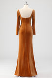 Brown Long Sleeves Sheath Ruched Bridesmaid Dress with Slit