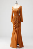 Brown Long Sleeves Sheath Ruched Bridesmaid Dress with Slit