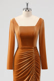 Brown Long Sleeves Sheath Ruched Bridesmaid Dress with Slit