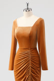 Brown Long Sleeves Sheath Ruched Bridesmaid Dress with Slit