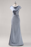 Grey Blue Satin Cowl Collar Maxi Bridesmaid Dress
