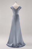 Grey Blue Satin Cowl Collar Maxi Bridesmaid Dress