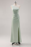 Satin Sage Green One Shoulder Bridesmaid Dress with Slit