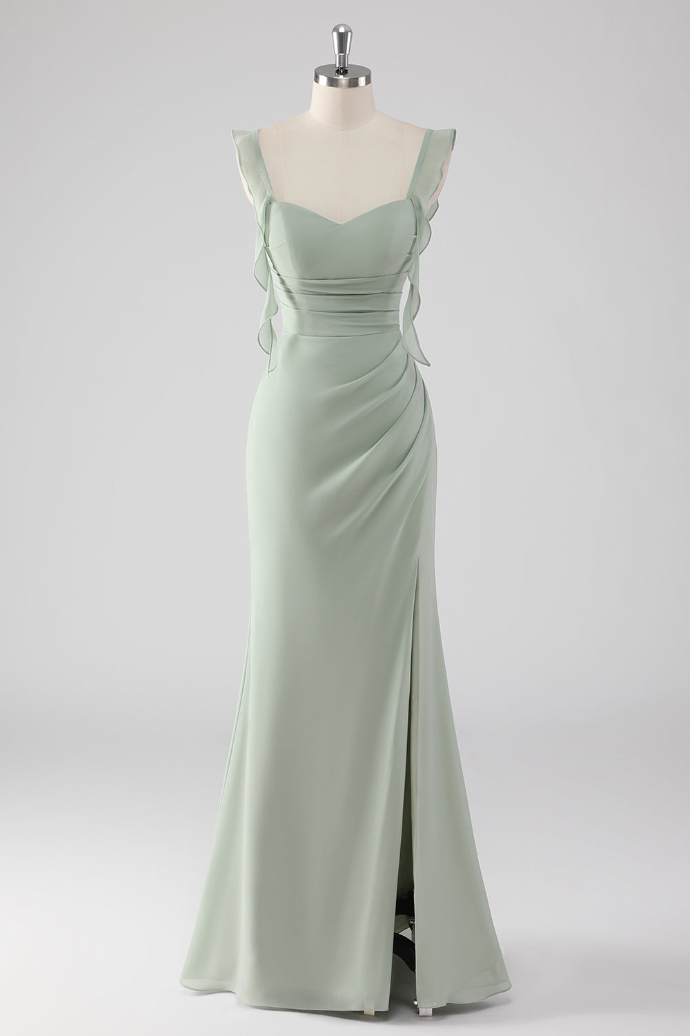 Leely Women Sage Green Sheath Ruffled Bridesmaid Dress with Slit Spaghetti Straps Maxi Wedding Guest Dress