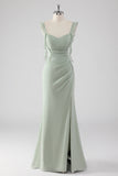 Sage Green Ruffled Sheath Long Bridesmaid Dress with Slit