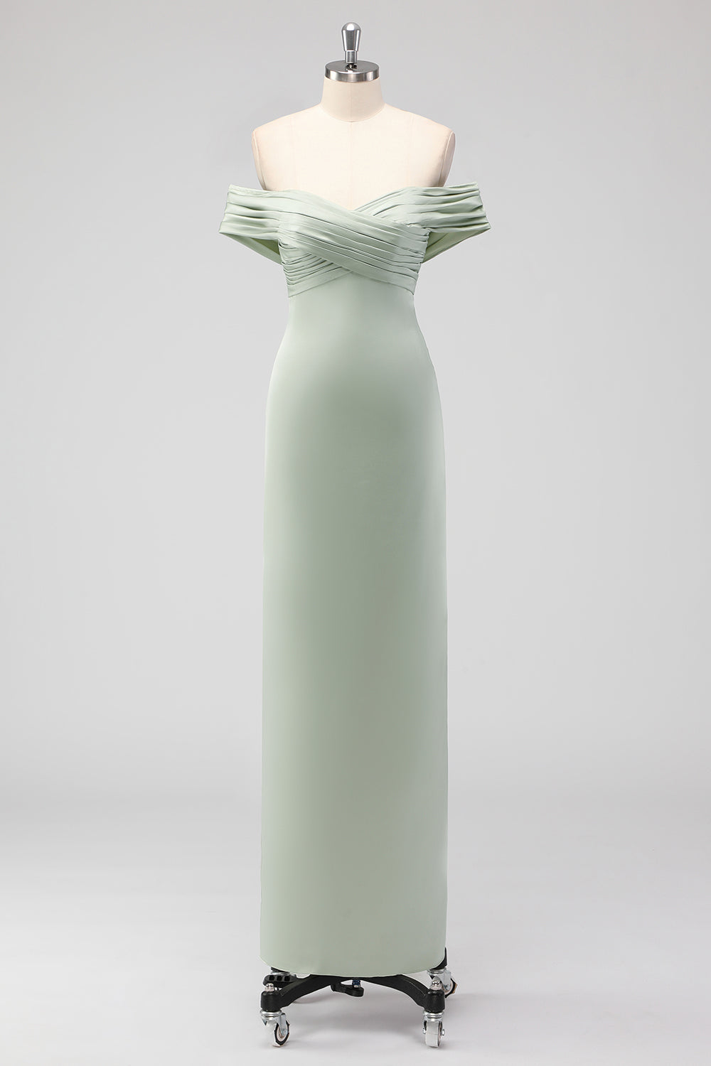 Off the Shoulder Sage Green Sheath Satin Bridesmaid Dress