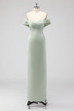 Off the Shoulder Sage Green Sheath Satin Bridesmaid Dress