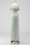 Off the Shoulder Sage Green Sheath Satin Bridesmaid Dress