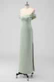Off the Shoulder Sage Green Sheath Satin Bridesmaid Dress