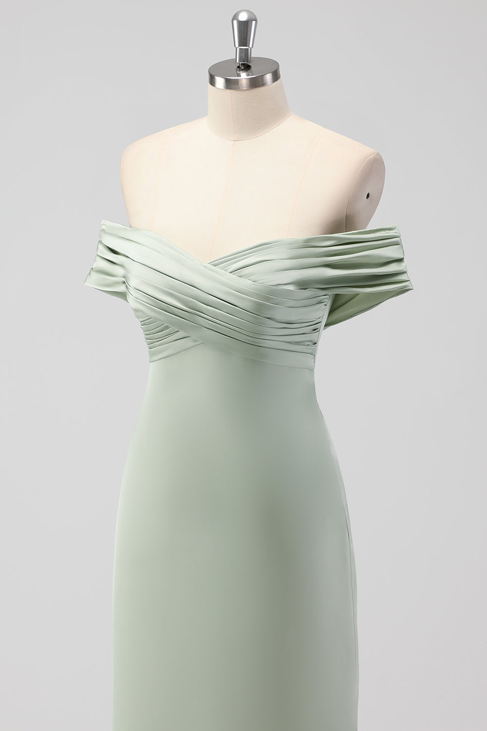Off the Shoulder Sage Green Sheath Satin Bridesmaid Dress