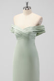 Off the Shoulder Sage Green Sheath Satin Bridesmaid Dress