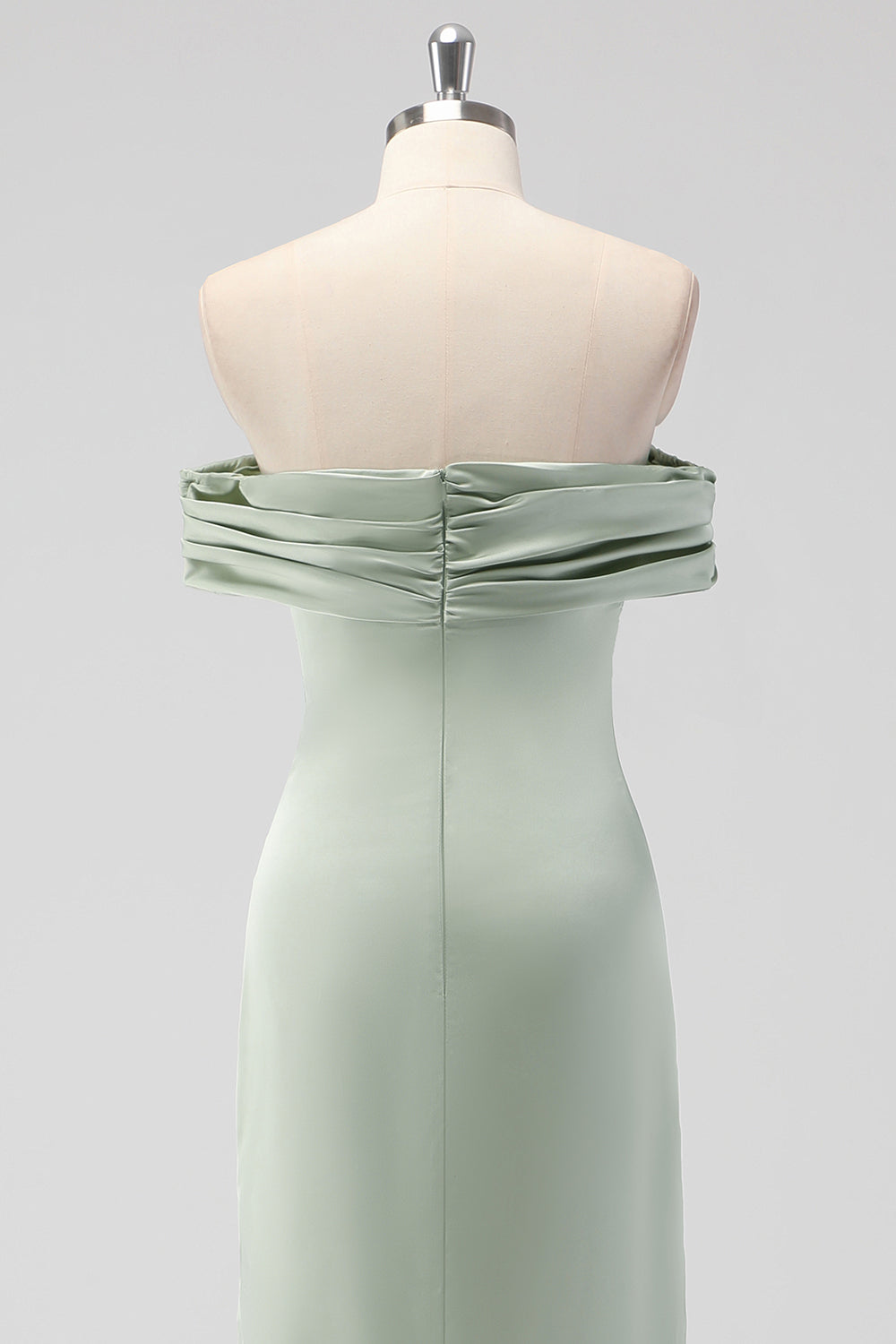 Off the Shoulder Sage Green Sheath Satin Bridesmaid Dress