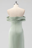 Off the Shoulder Sage Green Sheath Satin Bridesmaid Dress