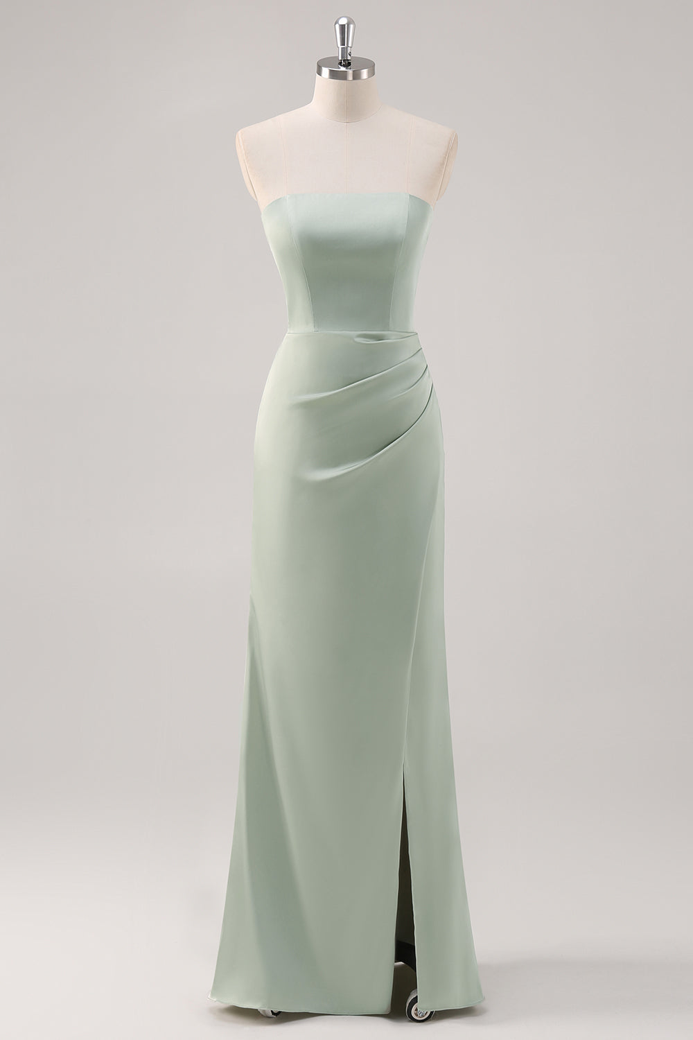 Mermaid Satin Strapless Sage Green Bridesmaid Dress with Slit