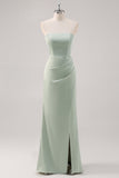 Mermaid Satin Strapless Sage Green Bridesmaid Dress with Slit