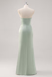 Mermaid Satin Strapless Sage Green Bridesmaid Dress with Slit