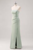 Mermaid Satin Strapless Sage Green Bridesmaid Dress with Slit