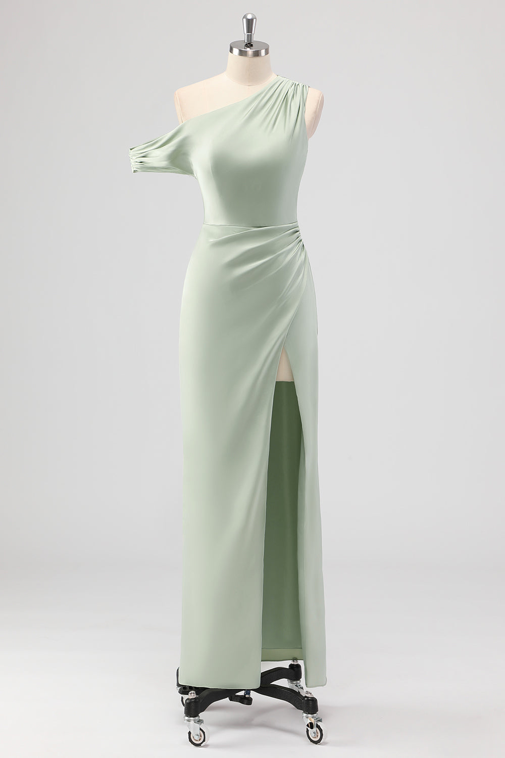 Sage Green One Shoulder Sheath Bridesmaid Dress with Slit
