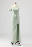 Sage Green One Shoulder Sheath Bridesmaid Dress with Slit