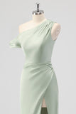 Sage Green One Shoulder Sheath Bridesmaid Dress with Slit