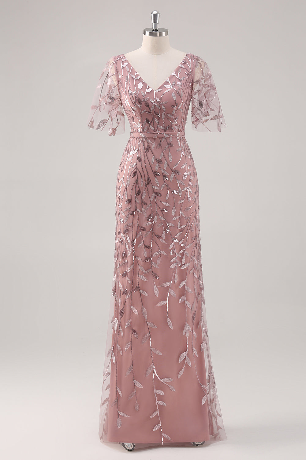 Dusty Rose V Neck Sheath Sequined Mother of the Bride Dress