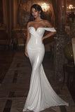 Ivory Off the Shoulder Sheath Court Train Wedding Dress