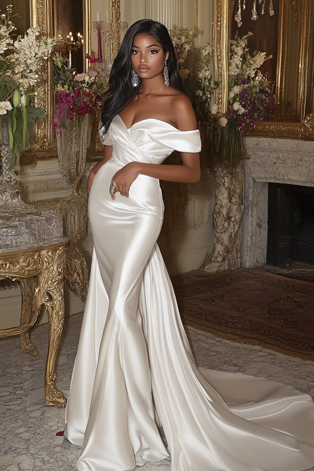 White Satin Mermaid Wedding Dress with Detachable Sweep Train