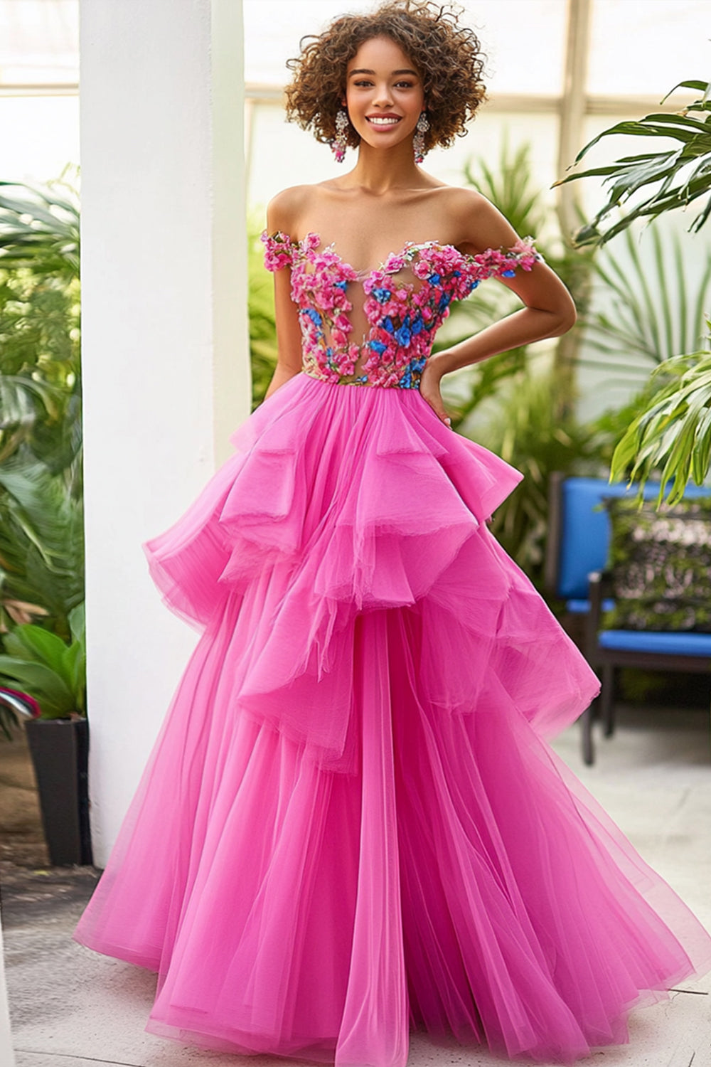 Fuchsia A Line Off the Shoulder Ruffled Applique Formal Dress