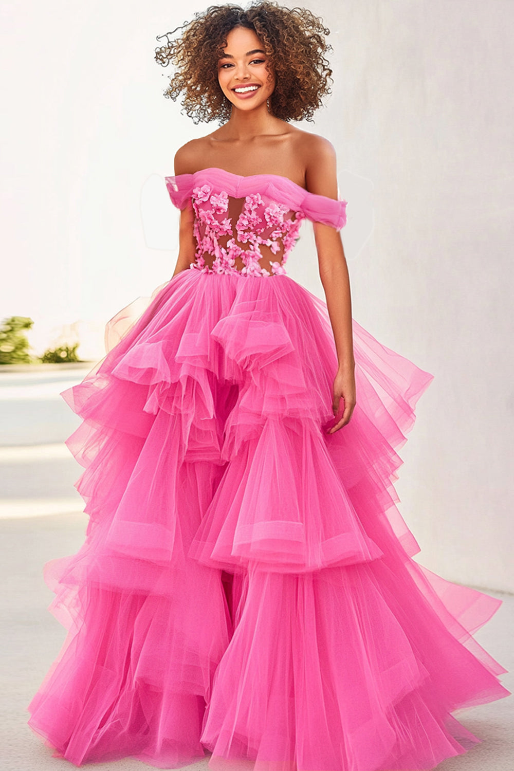 Fuchsia Ball Gown Applique Tiered Long Formal Dress with Ruffles