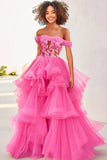 Fuchsia Ball Gown Applique Tiered Long Formal Dress with Ruffles