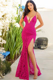 Fuchsia Lace Mermaid Spaghetti Straps Long Formal Dress with Slit