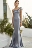 Dark Grey One Shoulder Sheath Satin Applique Long Formal Dress