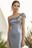 Dark Grey One Shoulder Sheath Satin Applique Long Formal Dress