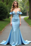 Light Blue Off the Shoulder Satin Formal Dress with Ruffles