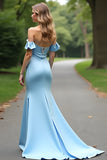Light Blue Off the Shoulder Satin Formal Dress with Ruffles