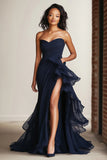 Sweetheart Mermaid Navy Ruffled Formal Dress with Slit