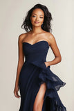 Sweetheart Mermaid Navy Ruffled Formal Dress with Slit