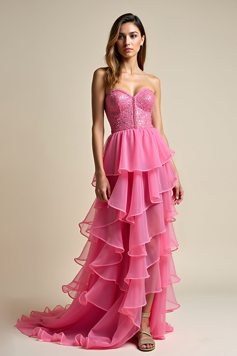 Glitter Ruffled Coral Tiered Sweetheart Long Prom Dress with Slit