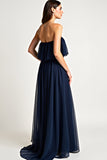 Strapless Navy Ruched A Line Long Formal Dress with Ruffles