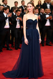 Sweetheart Navy Ruffled A Line Floor Length Formal Dress