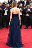 Sweetheart Navy Ruffled A Line Floor Length Formal Dress