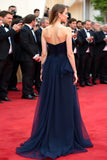 Sweetheart Navy Ruffled A Line Floor Length Formal Dress