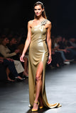 Golden Sheath One Shoulder Long Backless Formal Dress with Slit