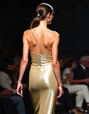 Golden Sheath One Shoulder Long Backless Formal Dress with Slit