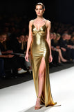 Metallic Golden Spaghetti Straps V-Neck Floor Length Formal Dress with Slit