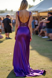 Glitter Scoop Dark Purple Satin A Line Long Formal Dress