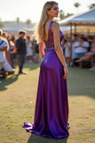 Glitter Scoop Dark Purple Satin A Line Long Formal Dress