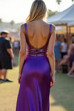 Glitter Scoop Dark Purple Satin A Line Long Formal Dress