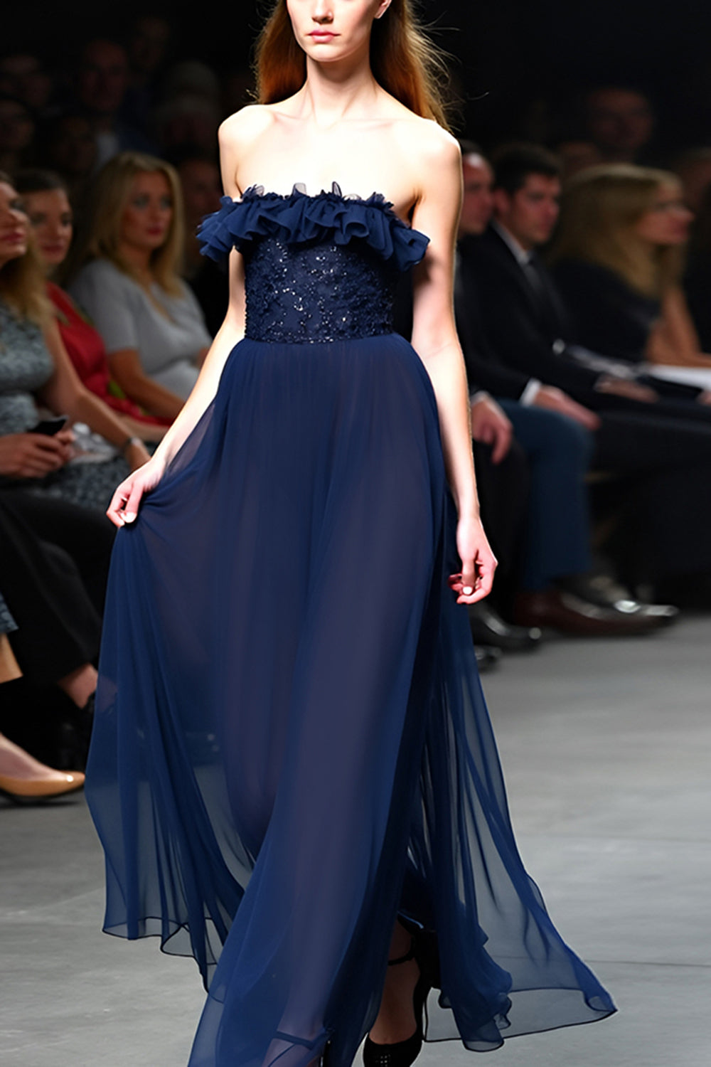 Navy Strapless A Line Sequined Long Formal Dress with Ruffles
