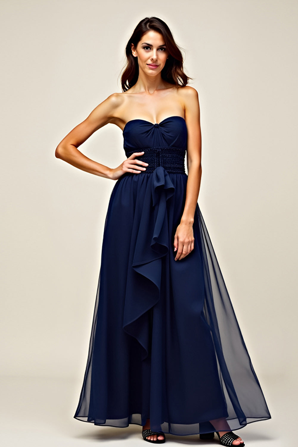 Navy Strapless Sweetheart A Line Ruffled Long Formal Dress